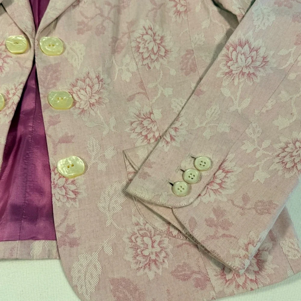 Ann Taylor Petites‎ 8P Pink Floral Jacquard Brocade Linen blend Blazer Easter